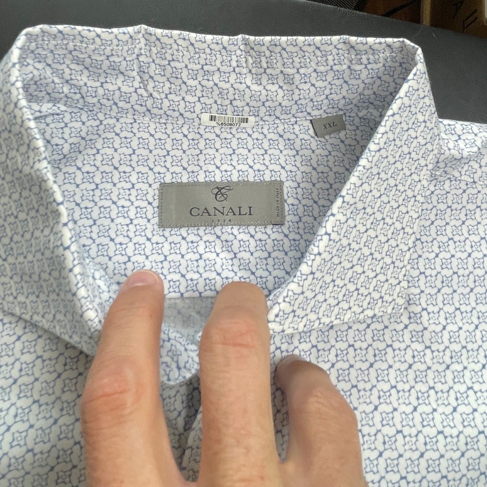 Canali Dress Shirt Mens XXL Blue White  Geometric Floral Made in Italy PERFECT